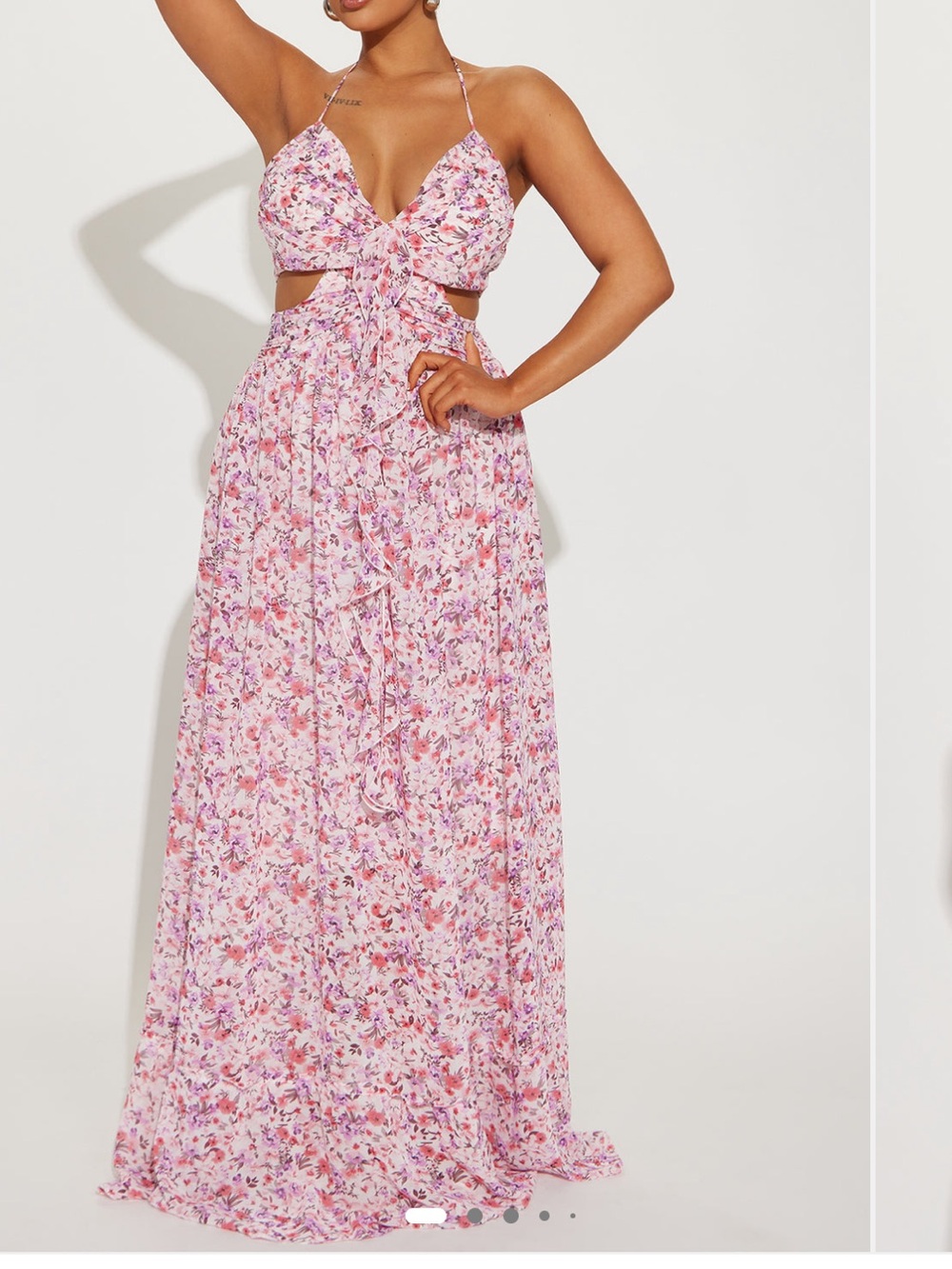 Fashion Nova Pink Floral Tie-Front Cutout Maxi Dress